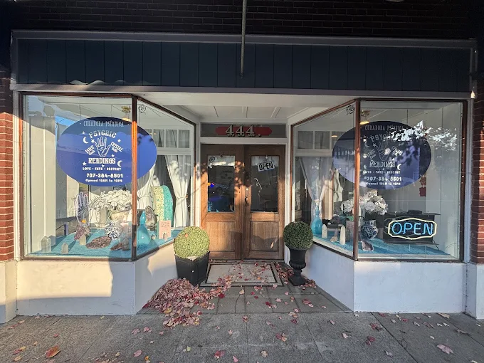 Storefront of Readings By Cristine at 444 Petaluma Boulevard North with psychic reading window signs and an illuminated open sign